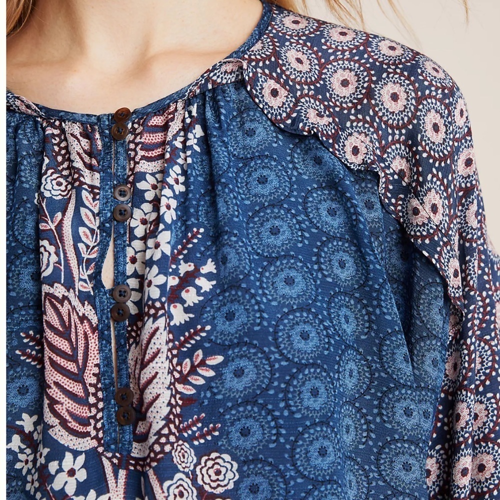 Anthropologie Maeve Letitia Ruffled Blouse Small Viscose 3/4 Sleeve Top Bohemian - Picture 6 of 16